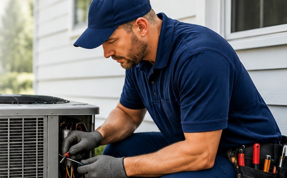 AC repair technician servicing a residential unit in Folsom