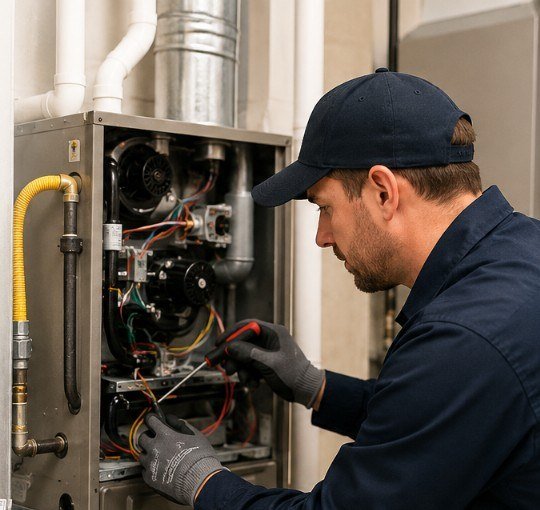 Furnace technician inspecting a residential panel in Folsom