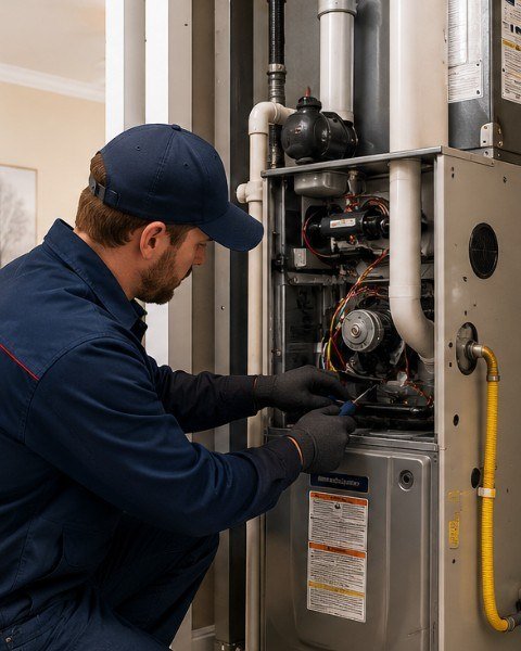 Residential heating technician servicing a system in Equality, Alabama