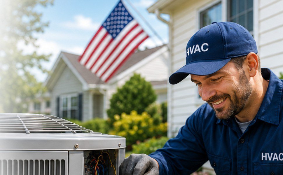 HVAC technician servicing an outdoor unit outside a residential home