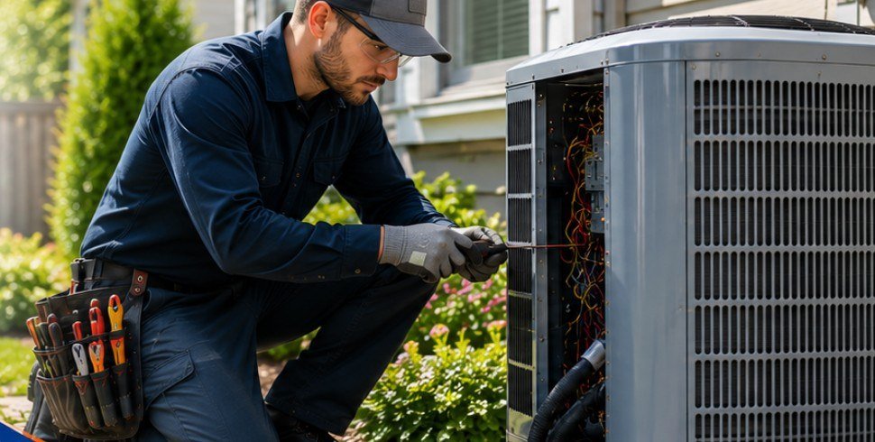 HVAC technician working on a residential outdoor unit in Folsom