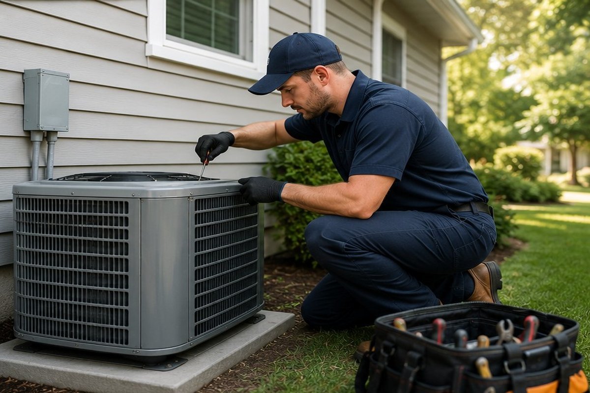HVAC outdoor unit outside a residential home in Capshaw, Alabama