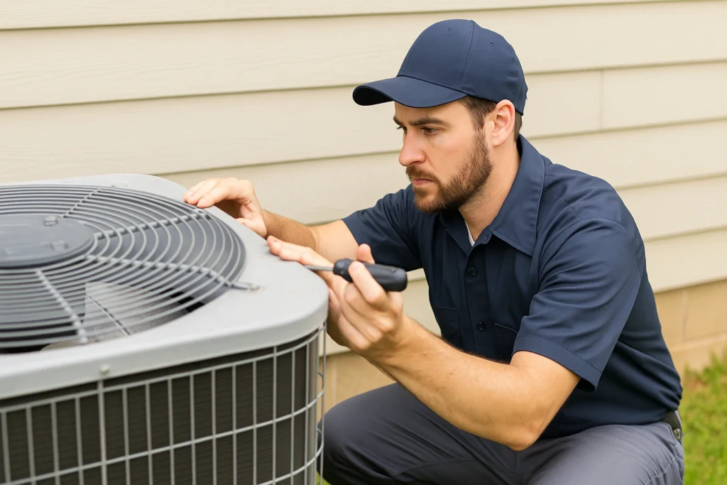 Licensed HVAC contractor performing air conditioning inspection